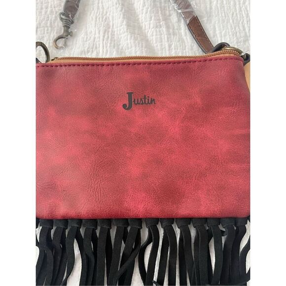 Justin Convertible Bag Wristlet Black Red Animal Print Leather Fringe Western NW - Picture 3 of 6